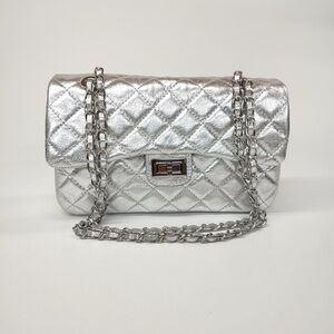 Silver Quilted Chain Shoulder Classic Flap Bag by Virsa bags
